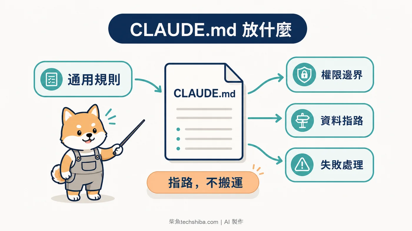 CLAUDE.md 規則地圖：整理通用規則、權限邊界、資料指路與失敗處理四個核心區塊