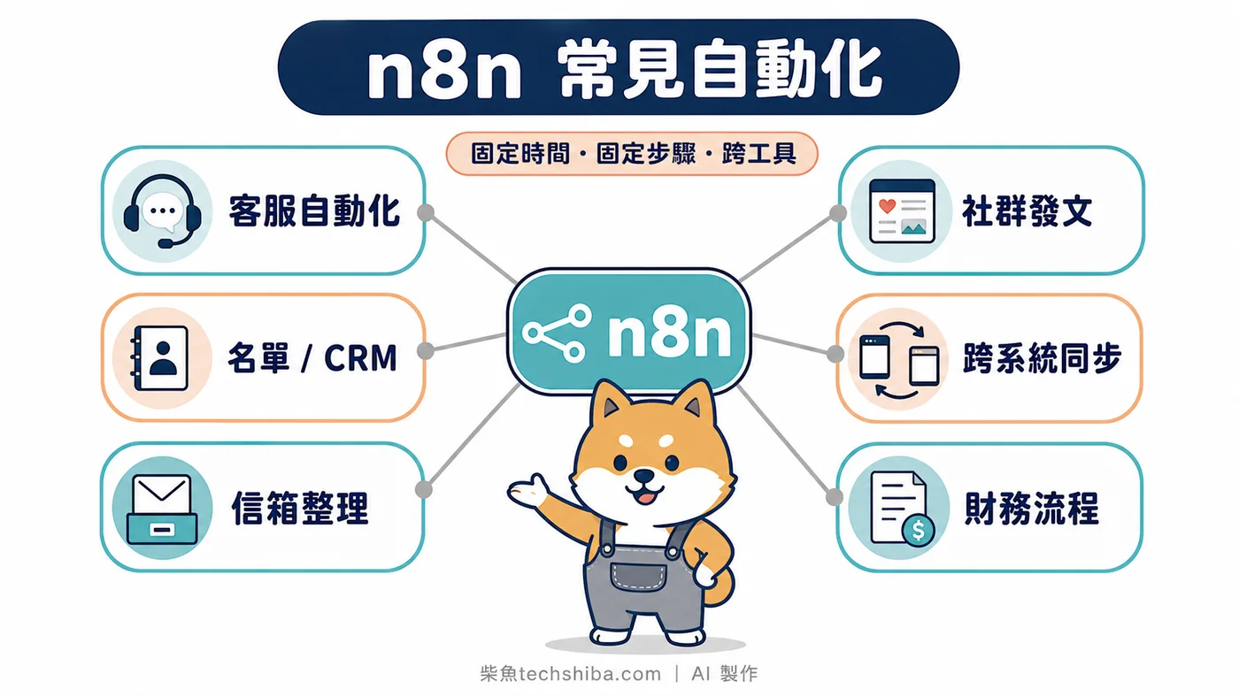 n8n 常見自動化用途：客服、CRM、信箱、社群、跨系統與財務流程都能串成固定工作流