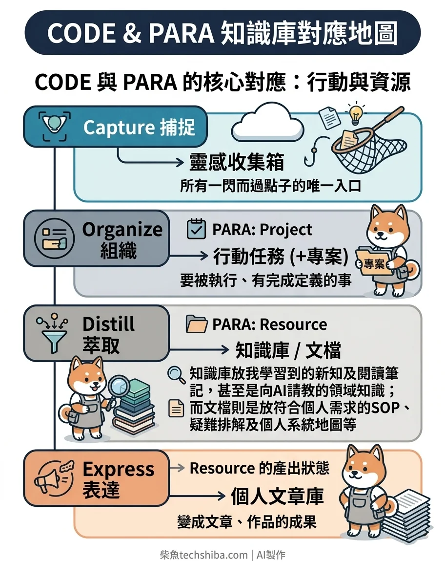 CODE 與 PARA 知識庫對應地圖：四個 Notion 資料庫分屬捕捉、組織、萃取、表達