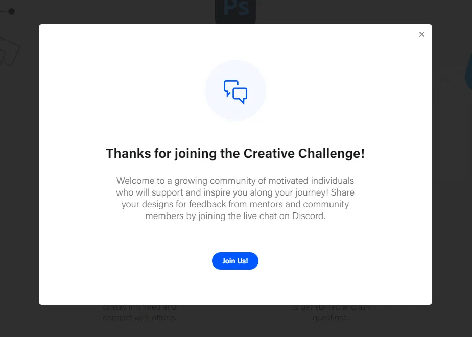 加入挑戰後跳出的歡迎彈窗，邀請加入 Discord 討論區的 Join Us 按鈕